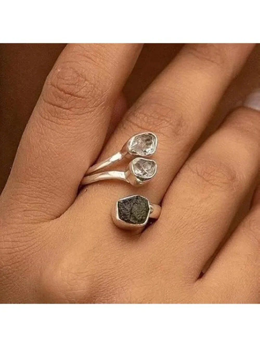 Handmade Moldavite & Herkimer Ring in 925 Sterling Silver - Unique Gift for Her